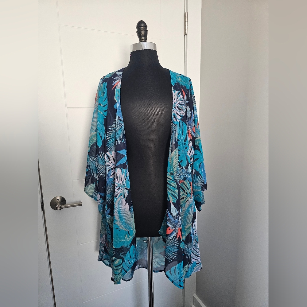 EUC MUDD Tropical Blue Print Sheer Cover Up Kimono, XS